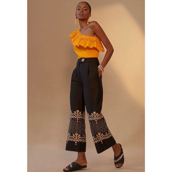 Anthropologie X Exquise Abstract Embroidered Wide-Leg Pants Size XL